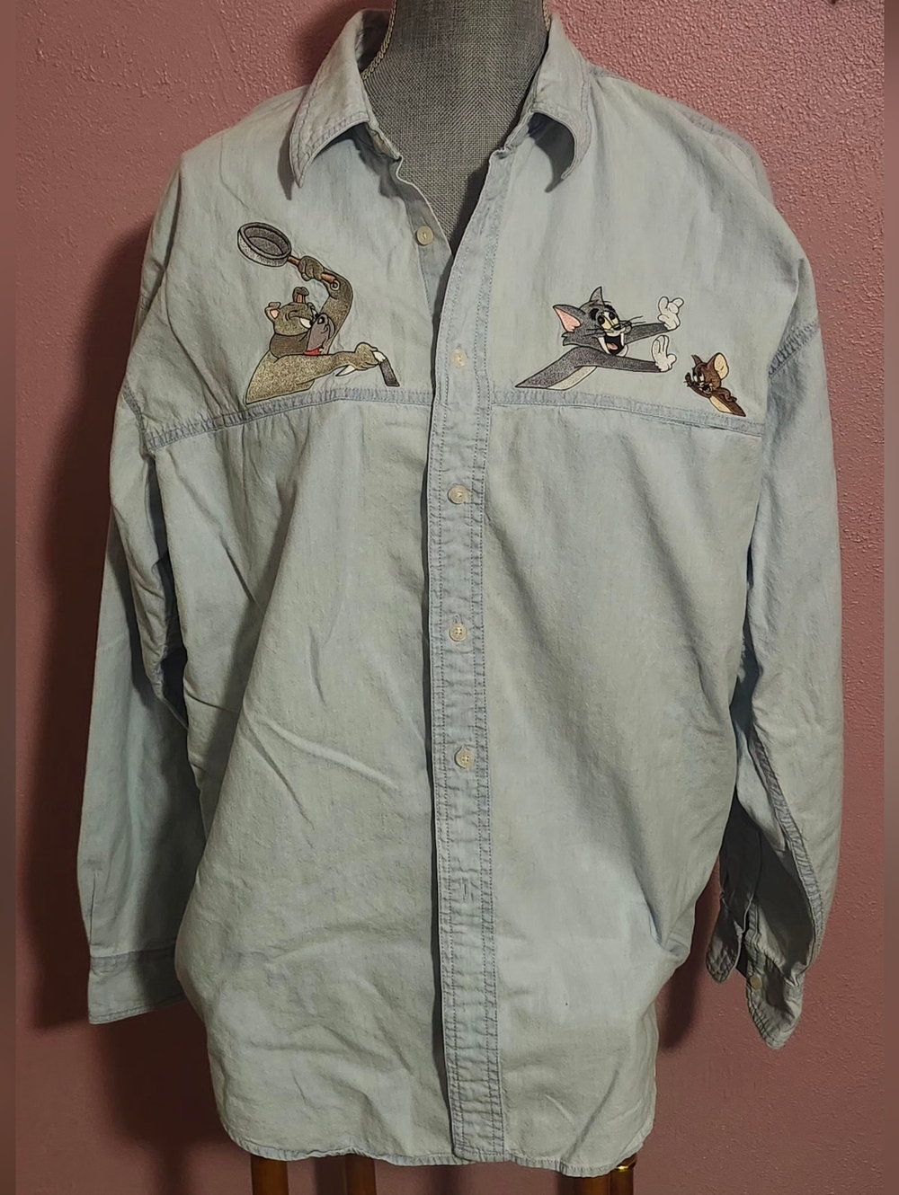 Warner Bros. Light Blue Women's Button-Down Shirt with Tom & Jerry Embroidery